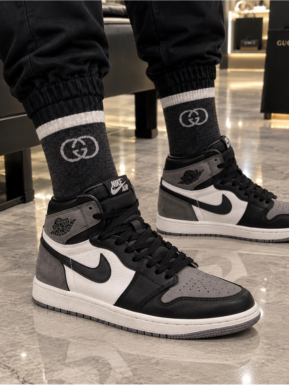 Gucci Charcoal Gray Crew Socks with White Logo Stripe